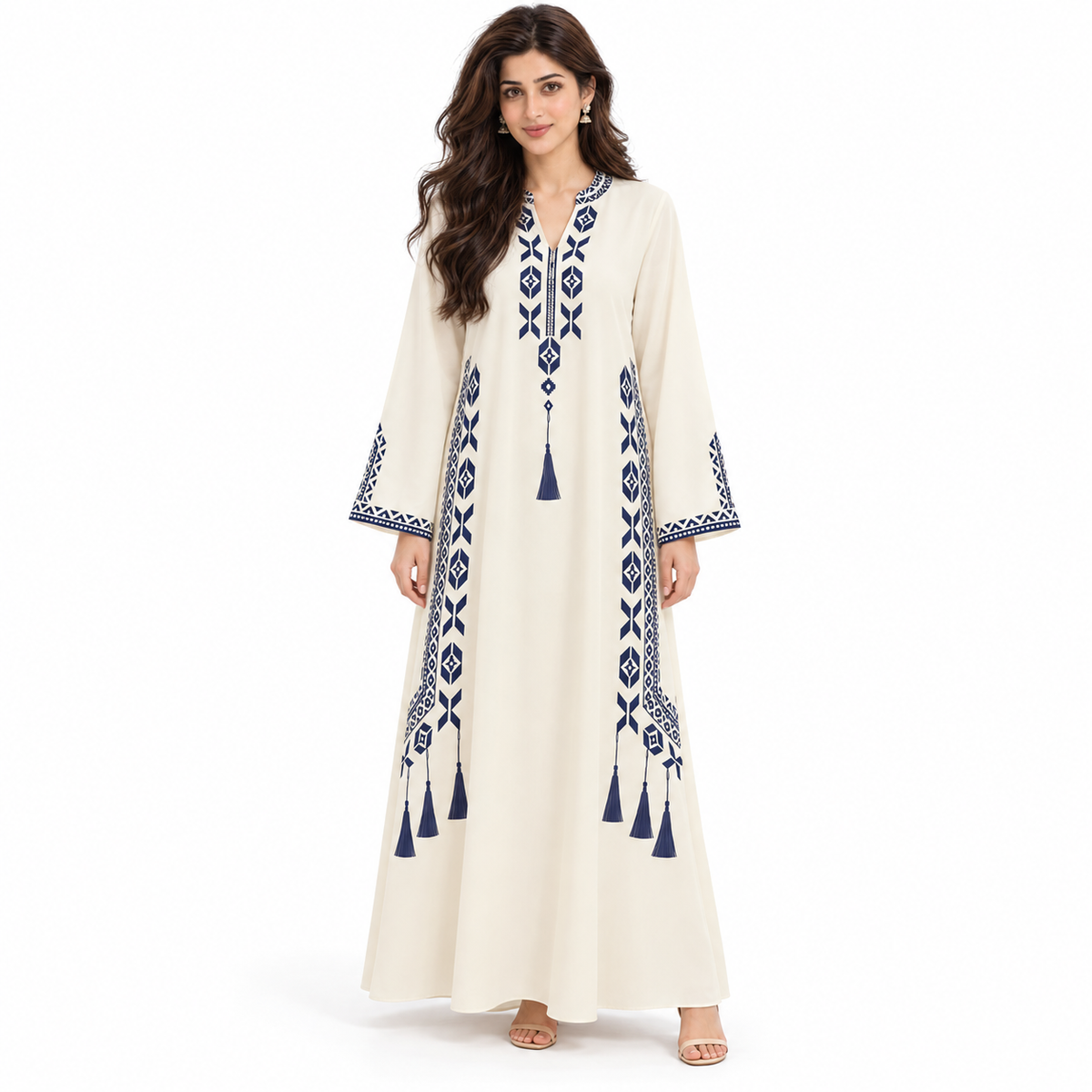 Milky White Embroidered Pakistani Kaftan Dress