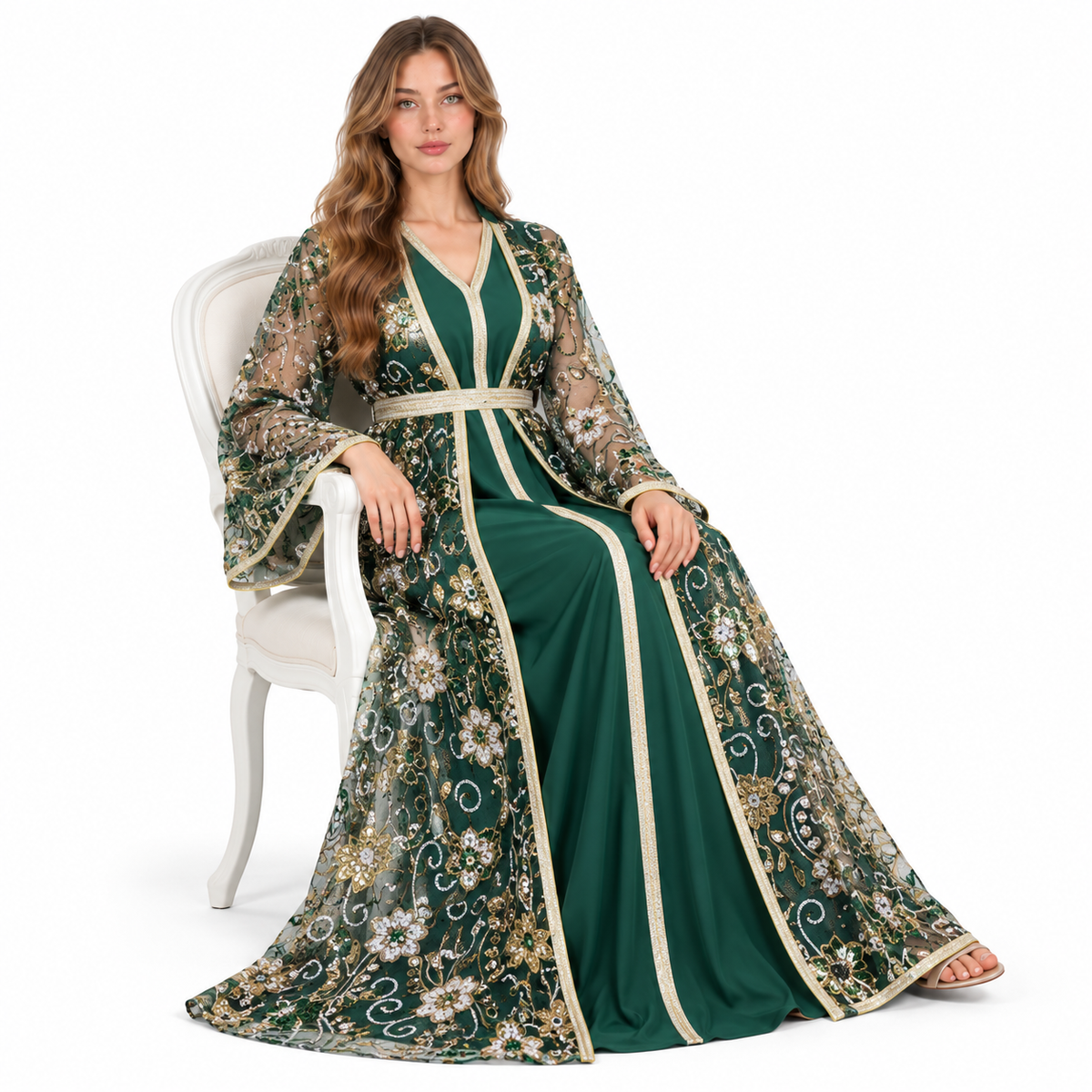 Elegant Emerald Green Floral Sequin Kaftan