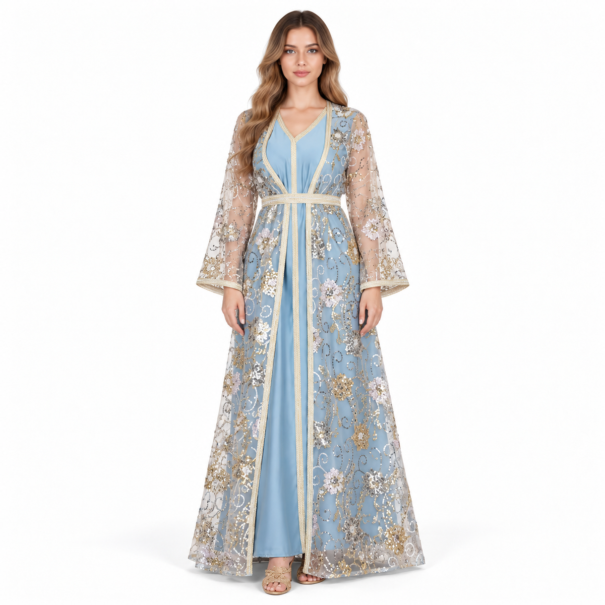Elegant Blue Sequin Embroidered Kaftan Dress