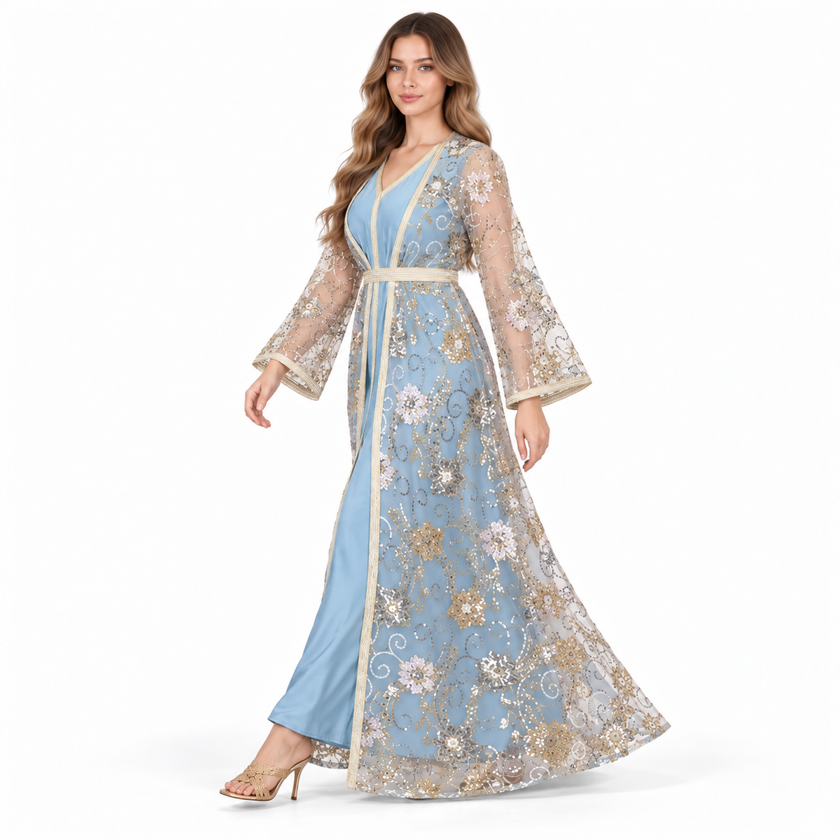 Elegant Blue Sequin Embroidered Kaftan Dress