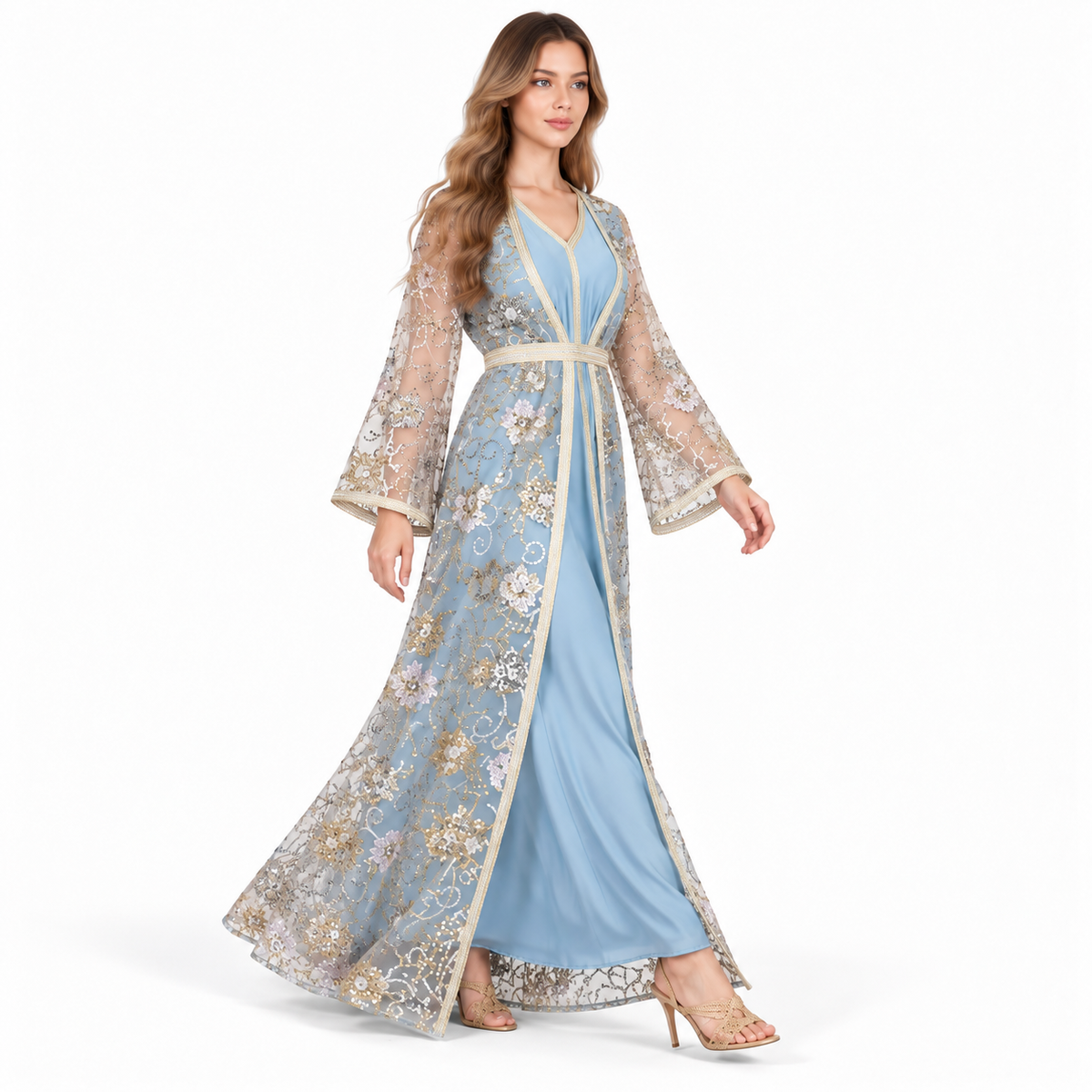 Elegant Blue Sequin Embroidered Kaftan Dress
