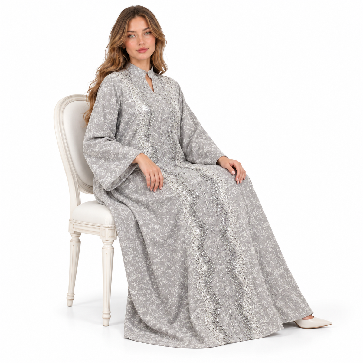 Elegant Silver Grey Embroidered Sequin Kaftan