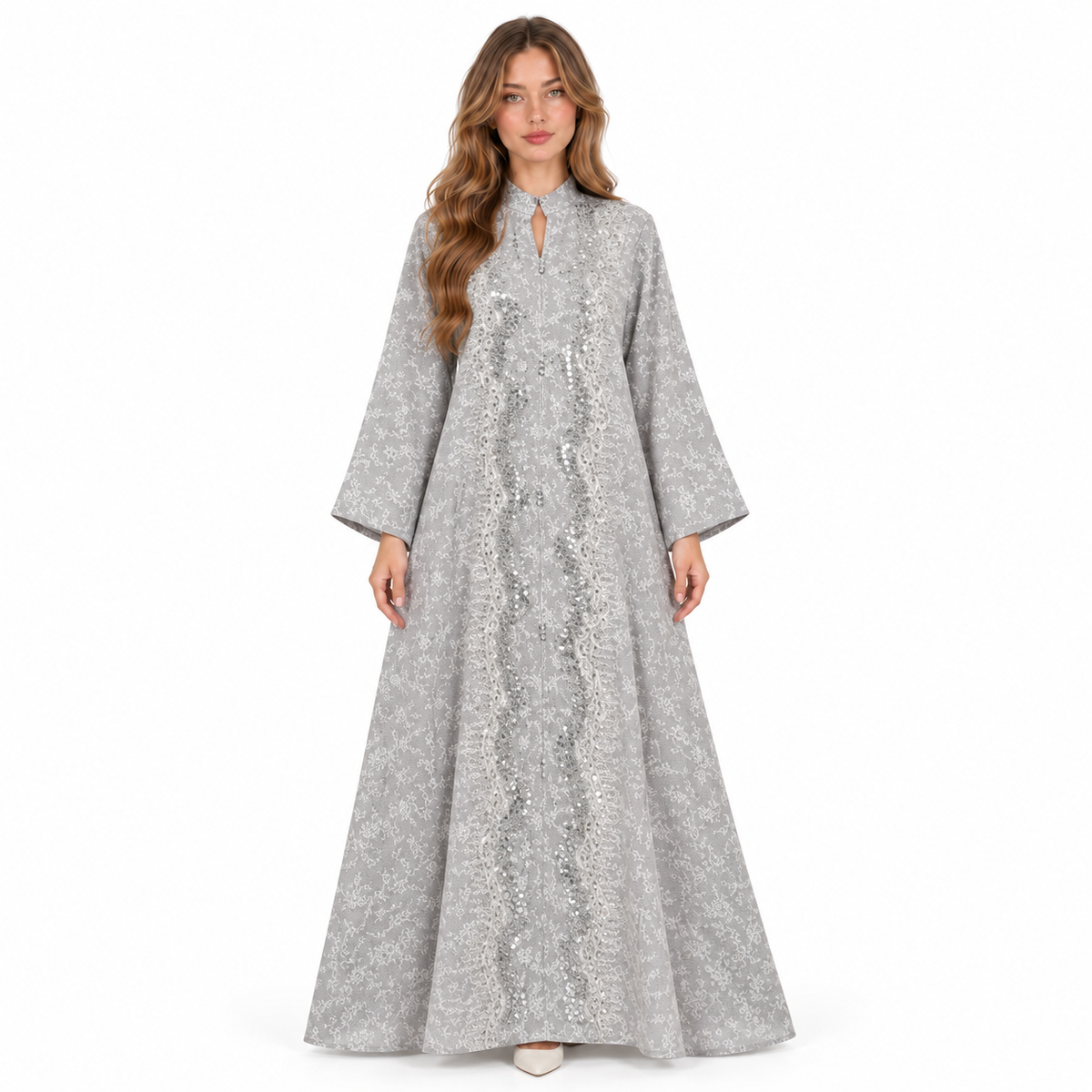 Elegant Silver Grey Embroidered Sequin Kaftan