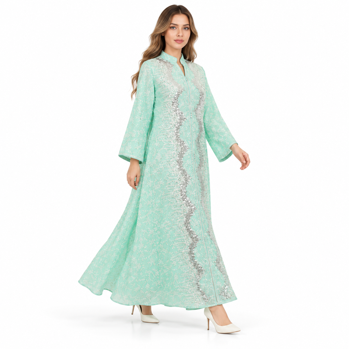 Elegant Mint Green Sequin Embroidered Kaftan