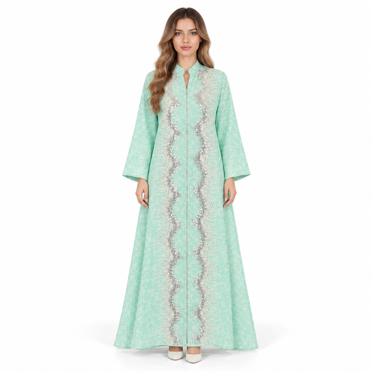 Elegant Mint Green Sequin Embroidered Kaftan