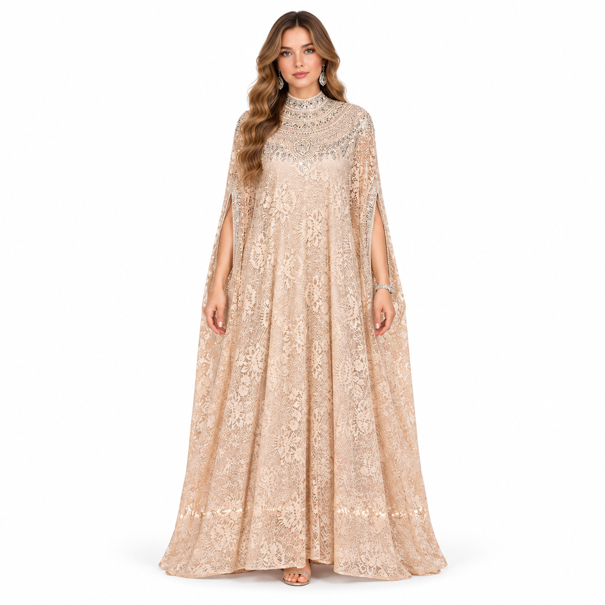 Elegant Beige Floral Sequin Lace Kaftan