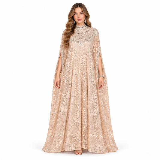 Elegant Beige Floral Sequin Lace Kaftan