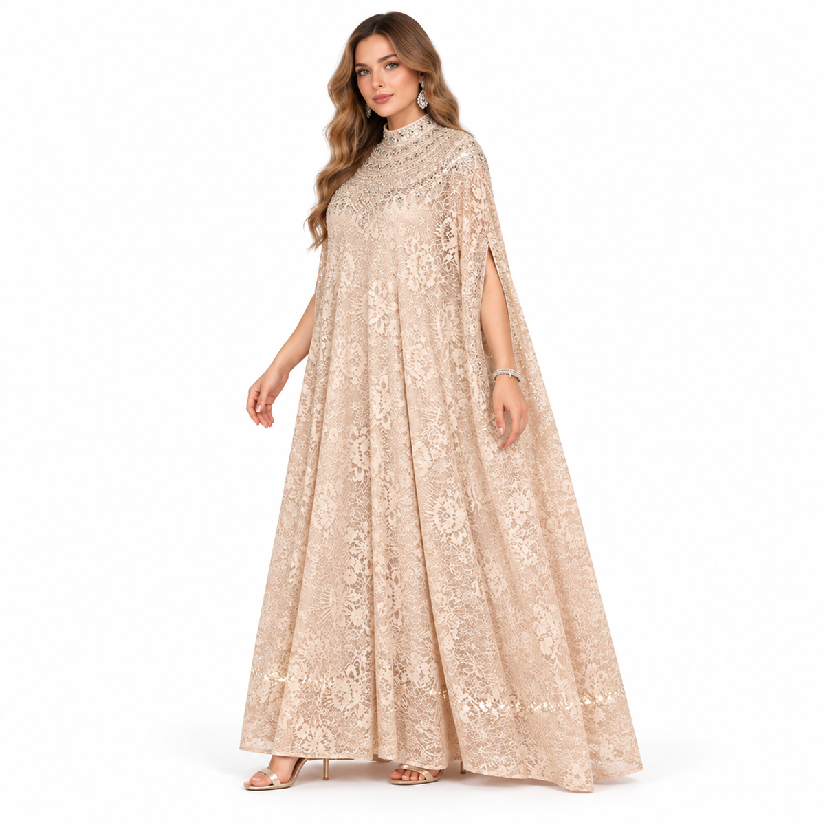 Elegant Beige Floral Sequin Lace Kaftan