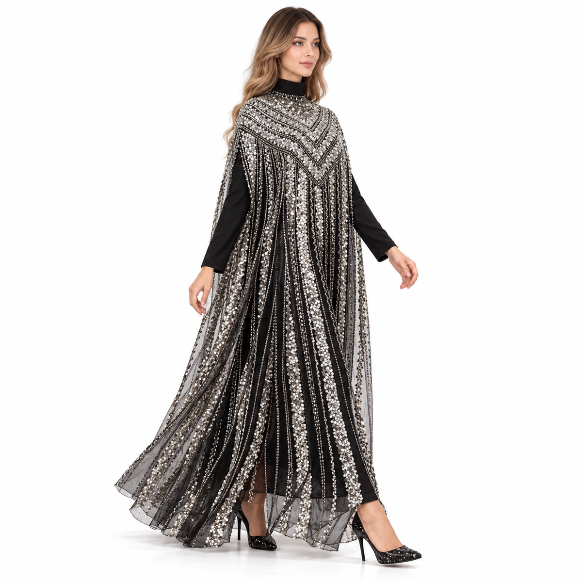 Elegant Black Silver Sequin Embroidered Kaftan