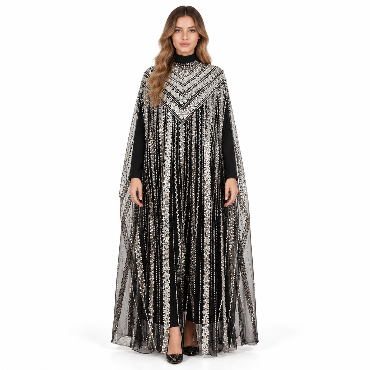 Elegant Black Silver Sequin Embroidered Kaftan