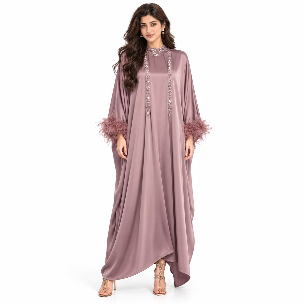 Elegant Pakistani Satin Feather Sleeve Kaftan
