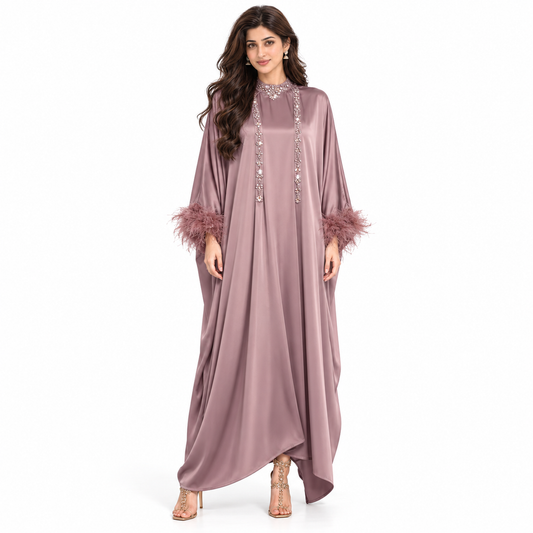 Elegant Pakistani Satin Feather Sleeve Kaftan