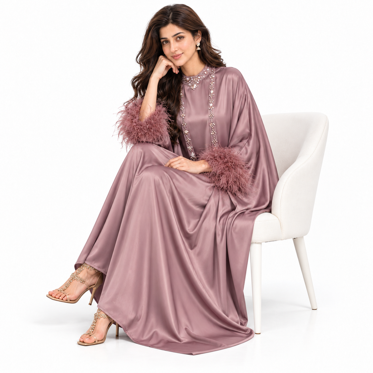 Elegant Pakistani Satin Feather Sleeve Kaftan
