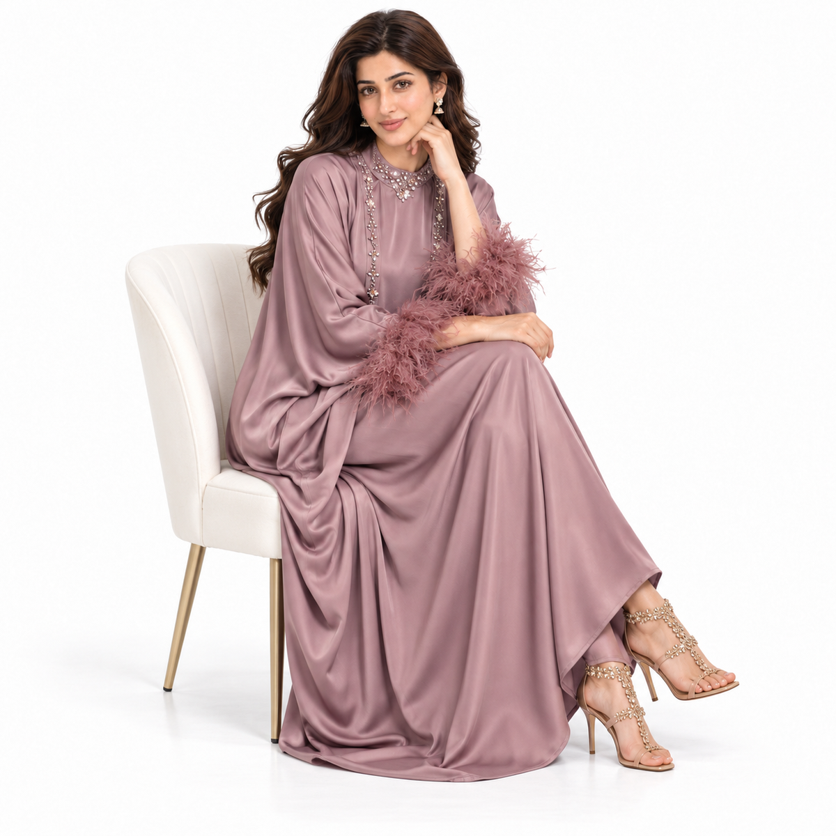 Elegant Pakistani Satin Feather Sleeve Kaftan