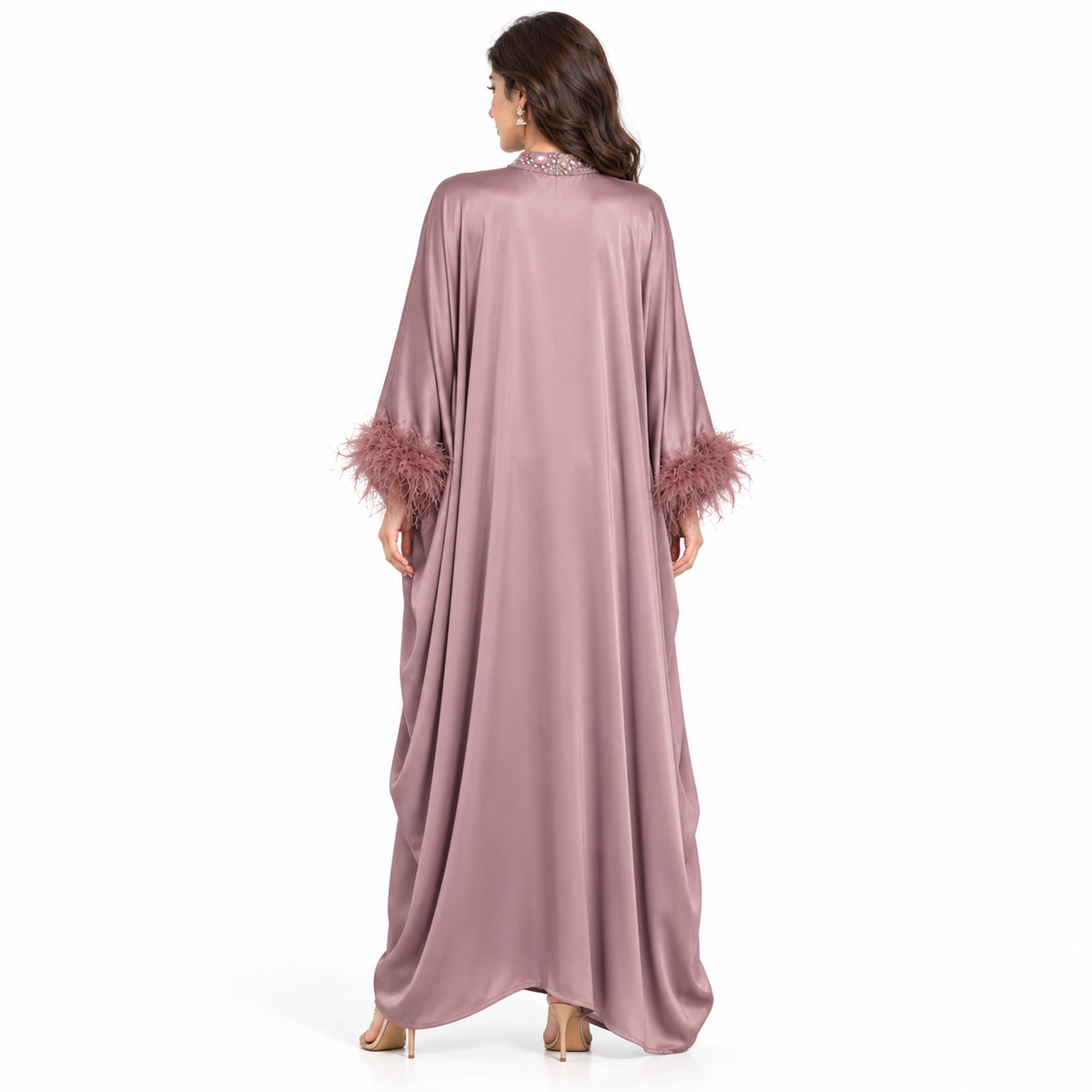 Elegant Pakistani Satin Feather Sleeve Kaftan