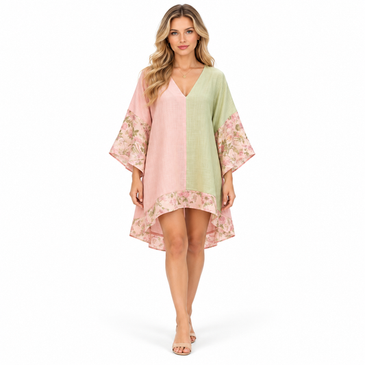 Elegant Pastel Floral Colorblock Kaftan Top