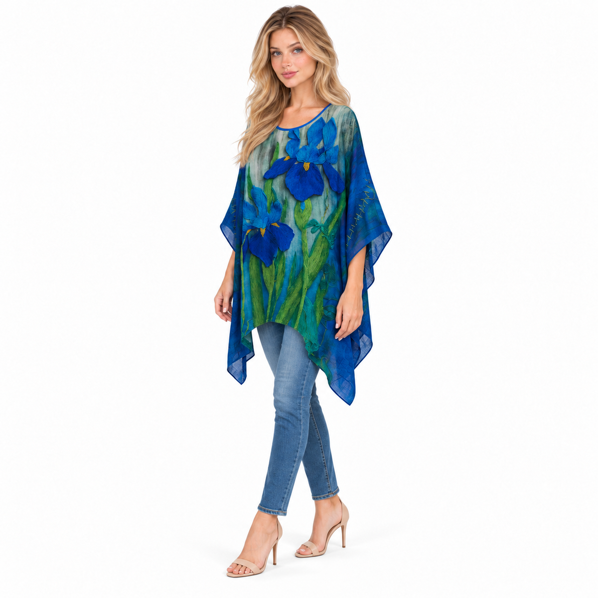 Elegant Blue Iris Floral Kaftan Top