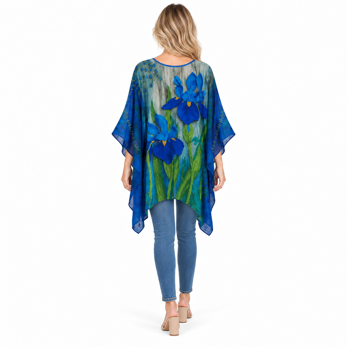 Elegant Blue Iris Floral Kaftan Top