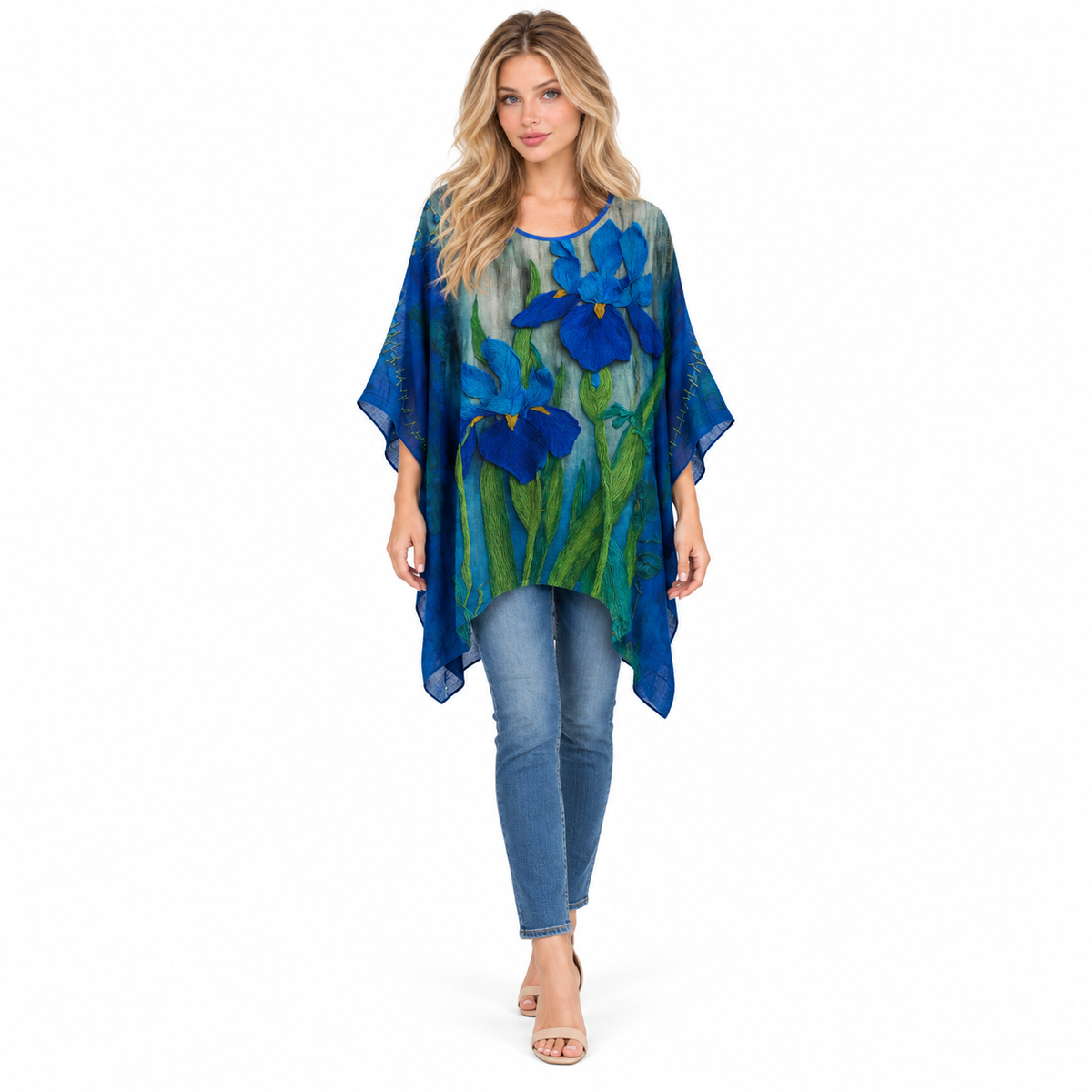 Elegant Blue Iris Floral Kaftan Top