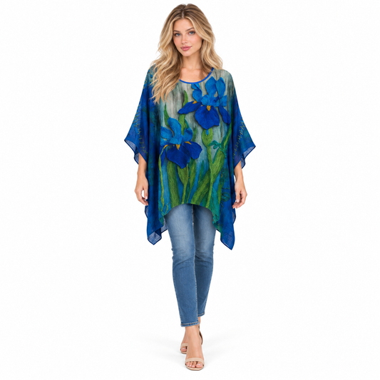 Elegant Blue Iris Floral Kaftan Top