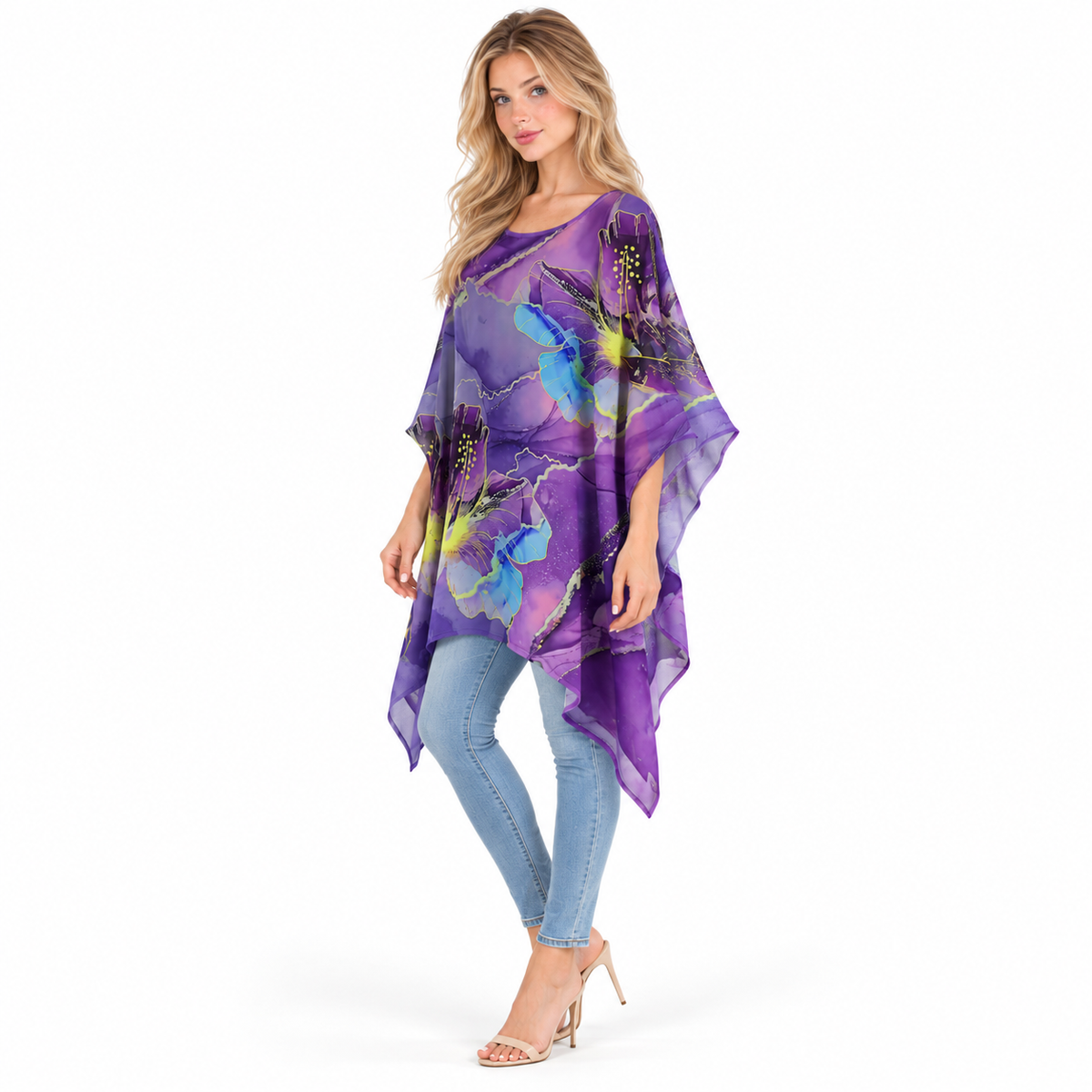 Elegant Purple Floral Print Kaftan Top