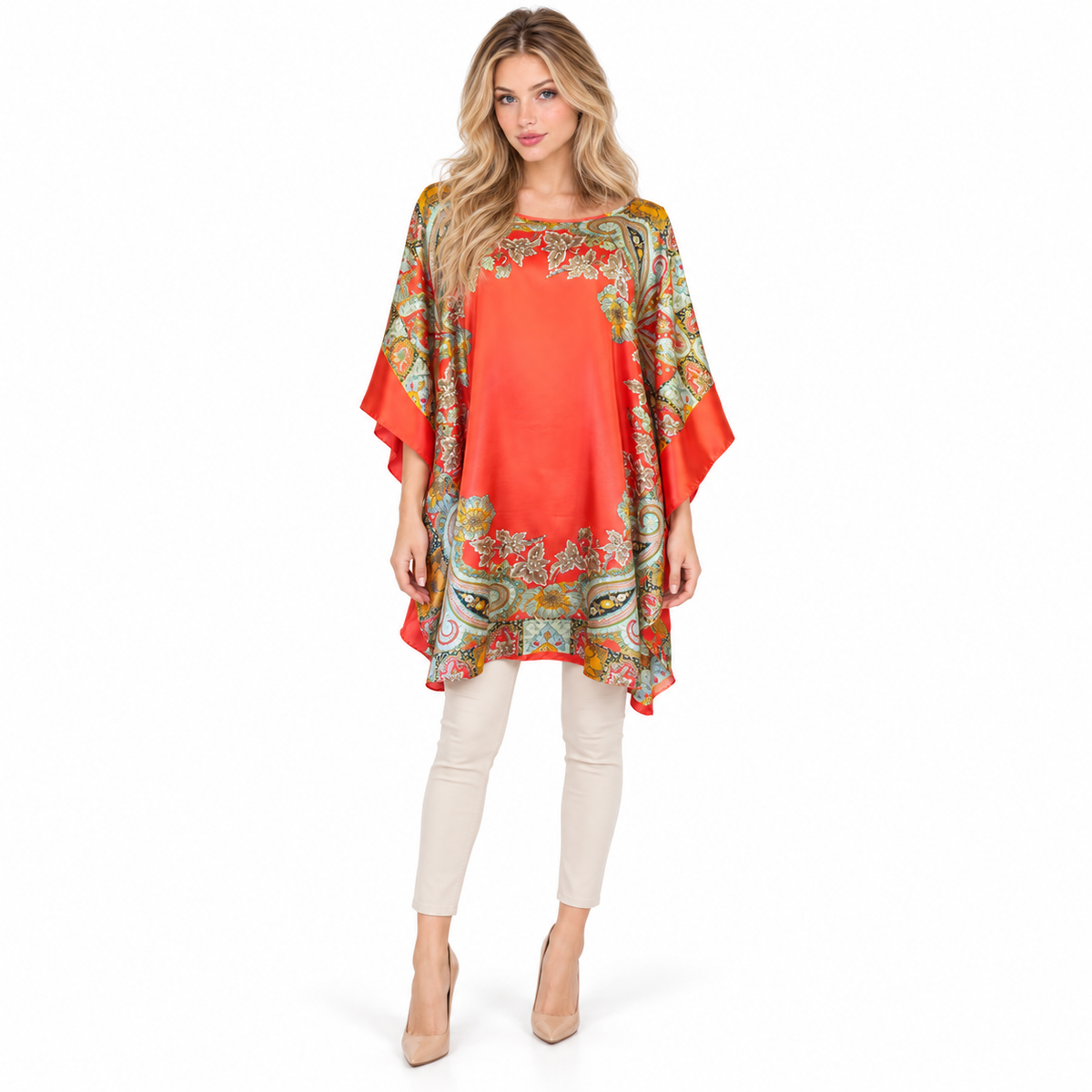 Elegant Coral Paisley Print Kaftan Top