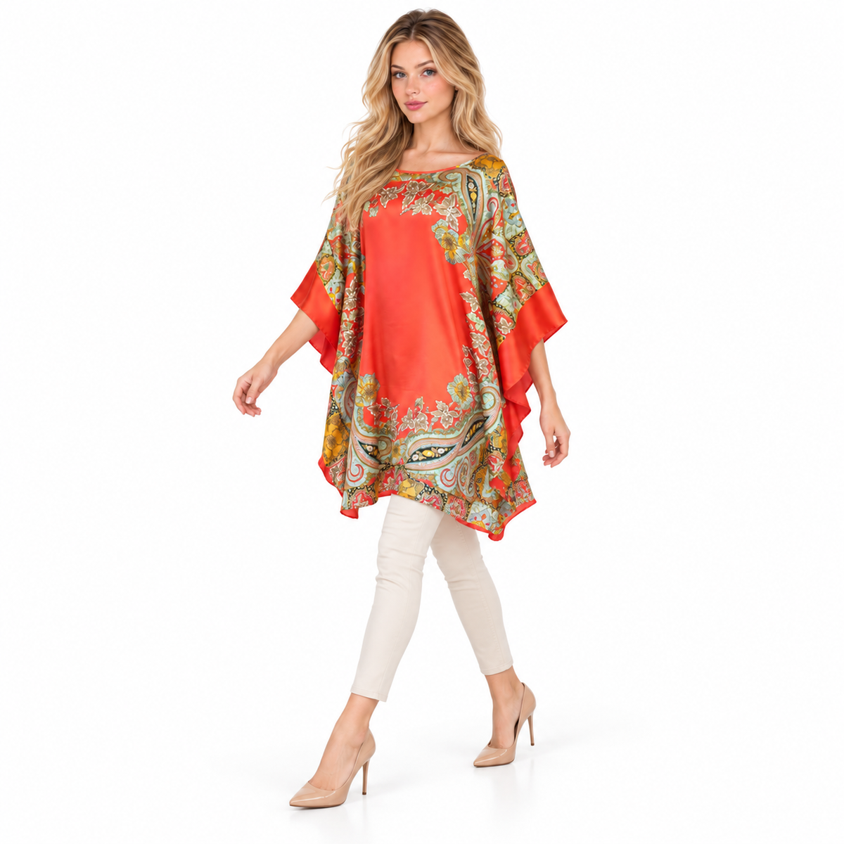 Elegant Coral Paisley Print Kaftan Top