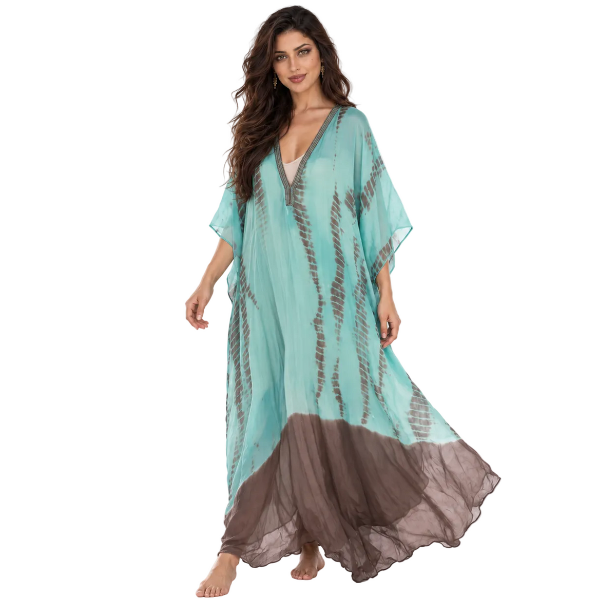 Aqua Brown Tie Dye Beach Kaftan