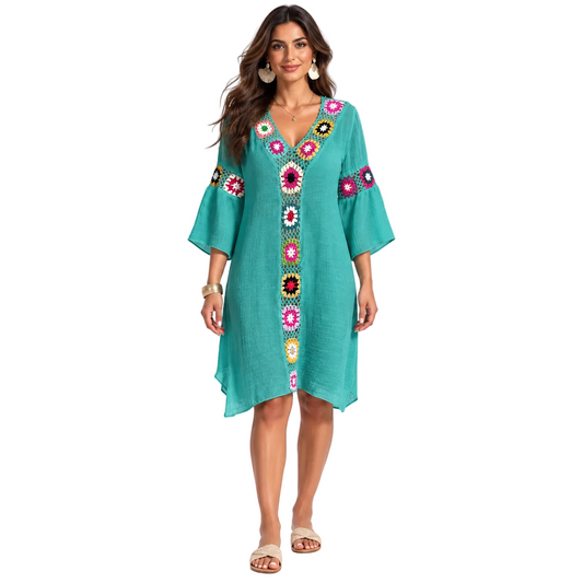 Malachite Blue Crochet Floral Beach Kaftan