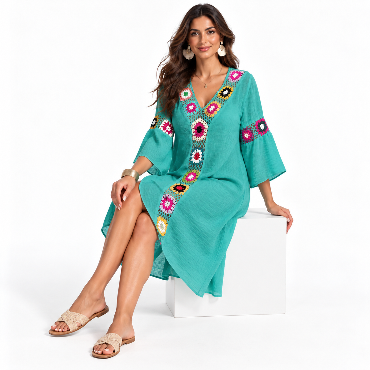 Malachite Blue Crochet Floral Beach Kaftan