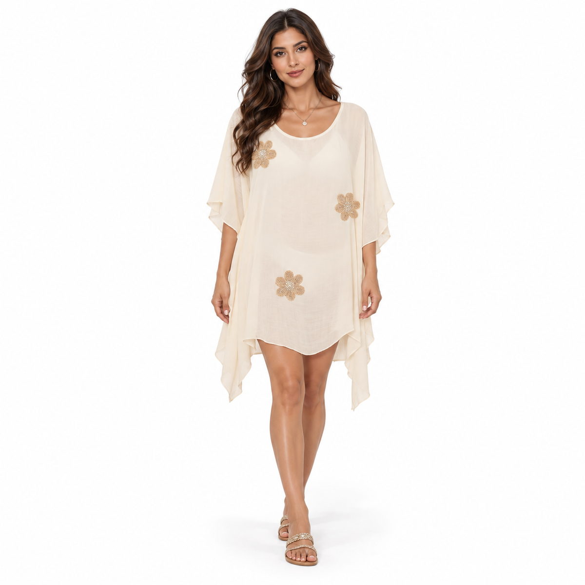 Beige Floral Embroidered Women’s Beach Kaftan