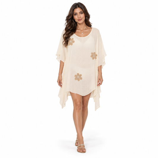 Beige Floral Embroidered Women’s Beach Kaftan
