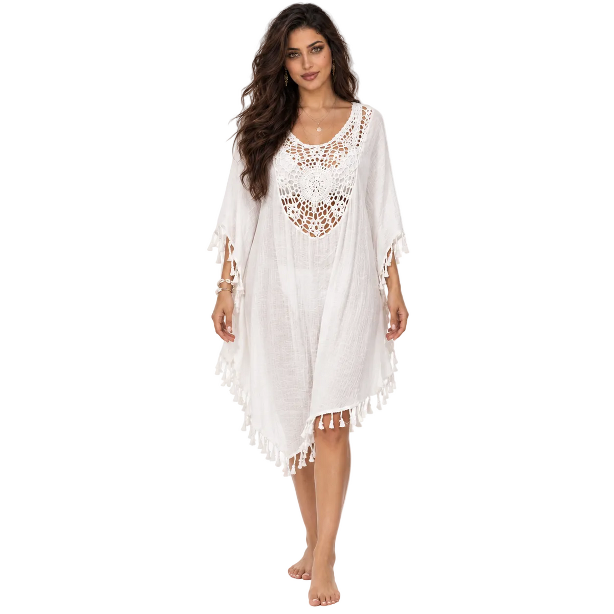 White Crochet Tassel Relaxed Beach Kaftan