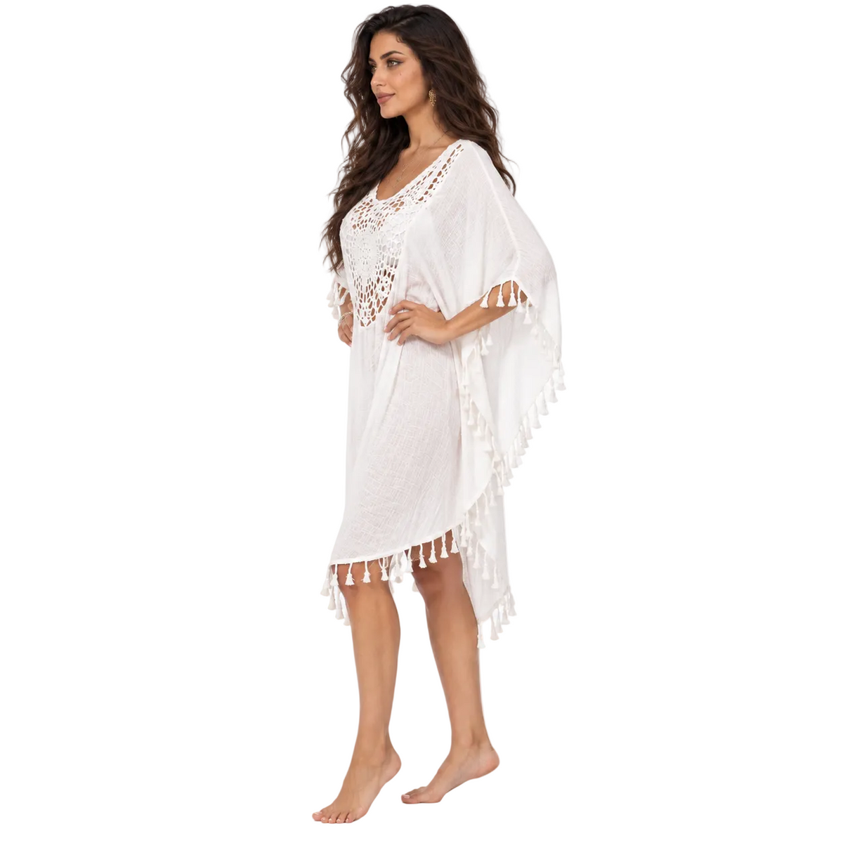 White Crochet Tassel Relaxed Beach Kaftan