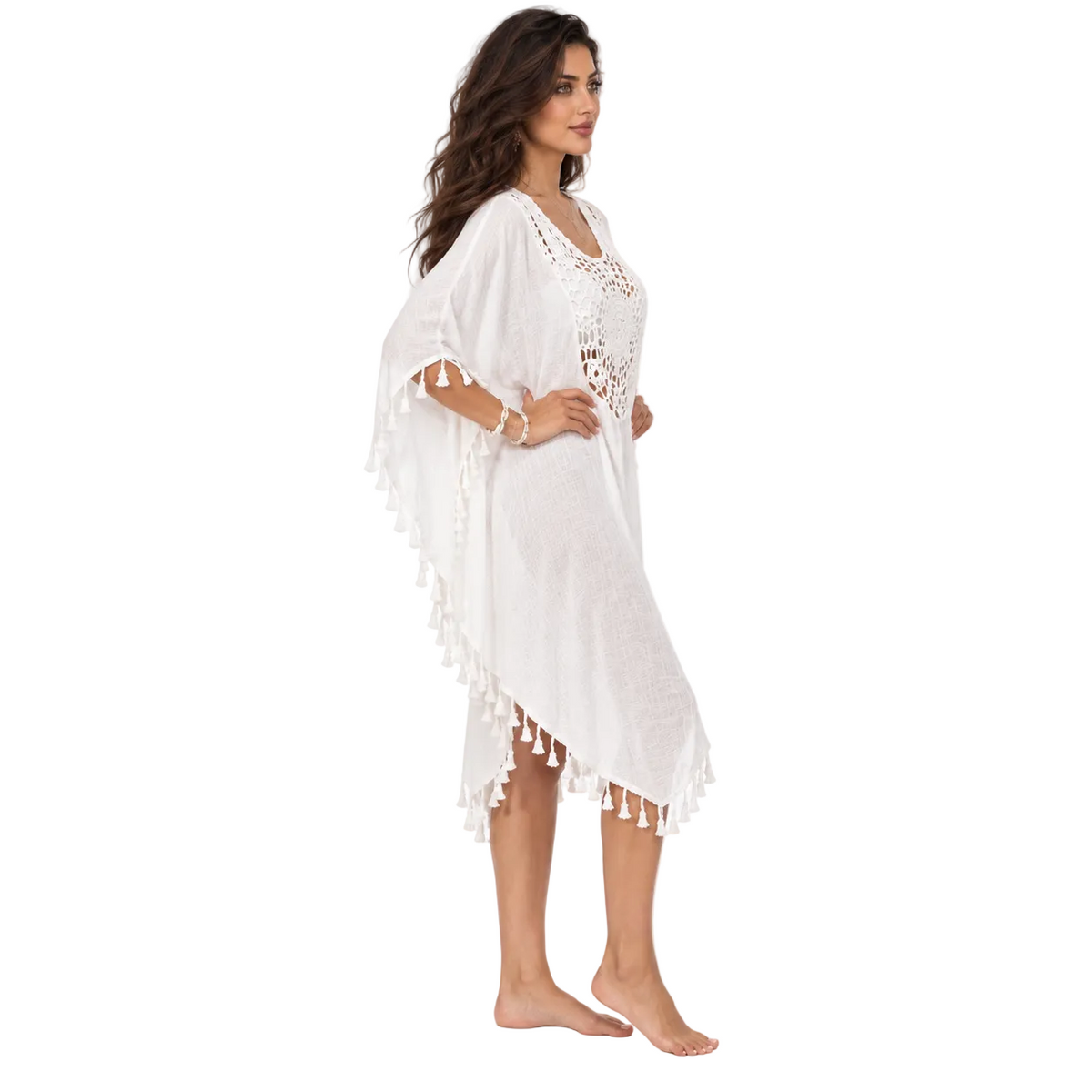 White Crochet Tassel Relaxed Beach Kaftan