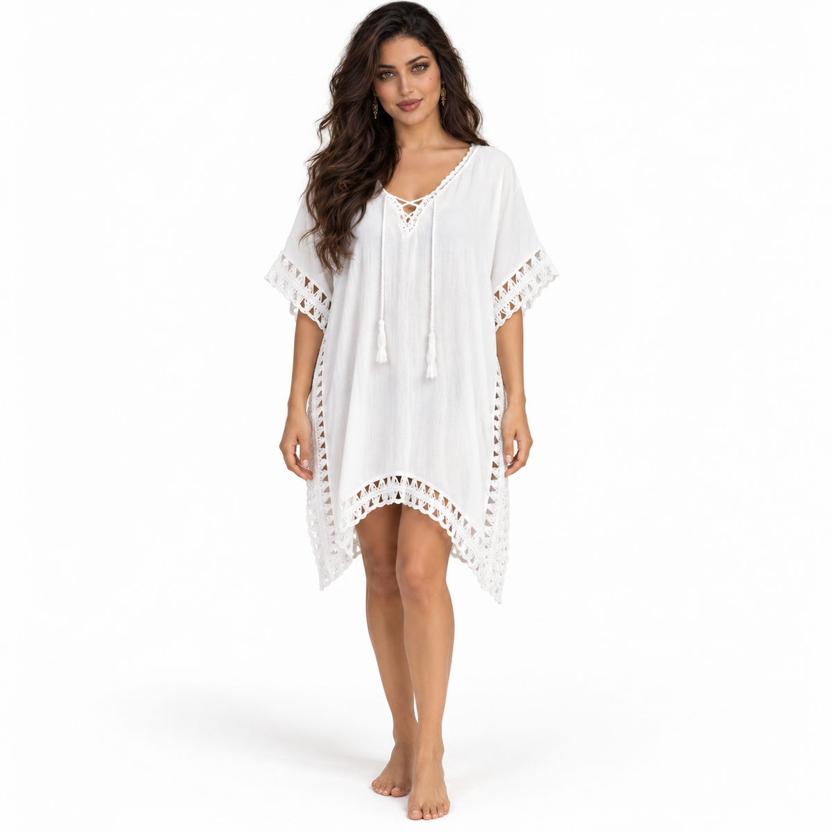 White Crochet Trim Relaxed Beach Kaftan