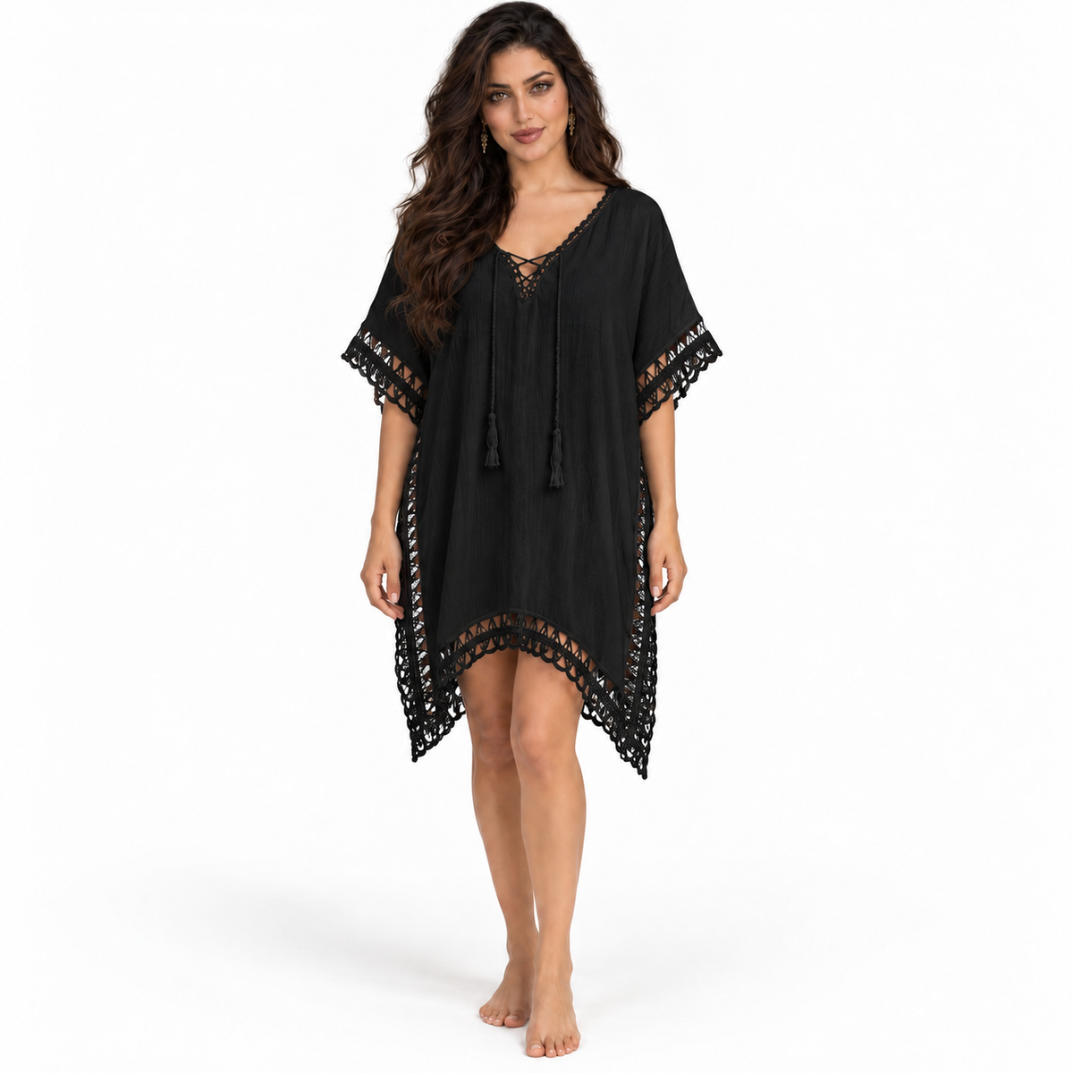 Black Crochet Trim Relaxed Beach Kaftan