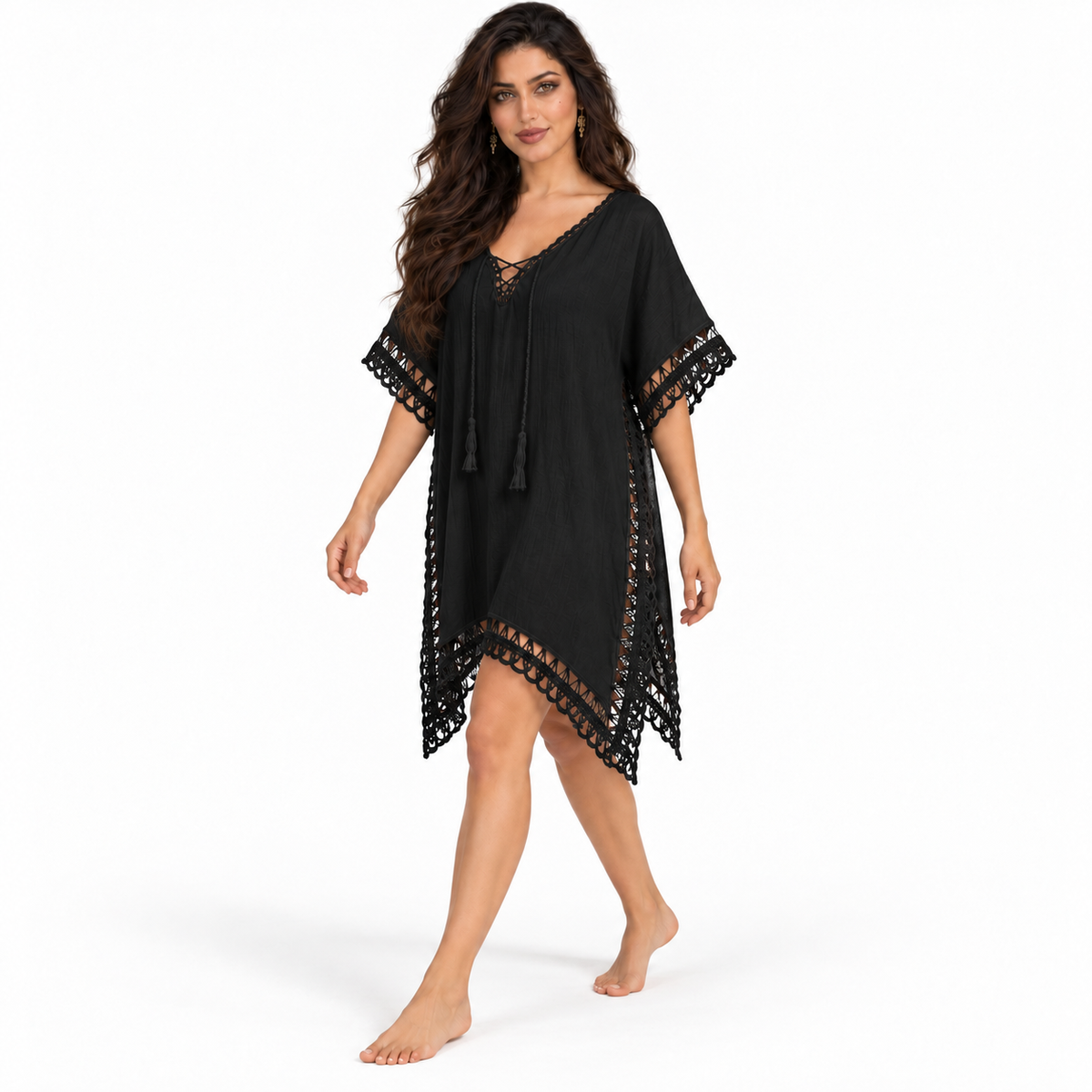 Black Crochet Trim Relaxed Beach Kaftan