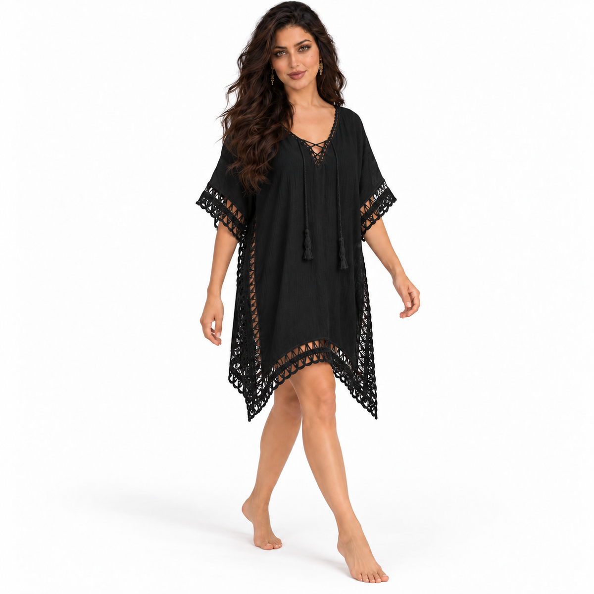 Black Crochet Trim Relaxed Beach Kaftan