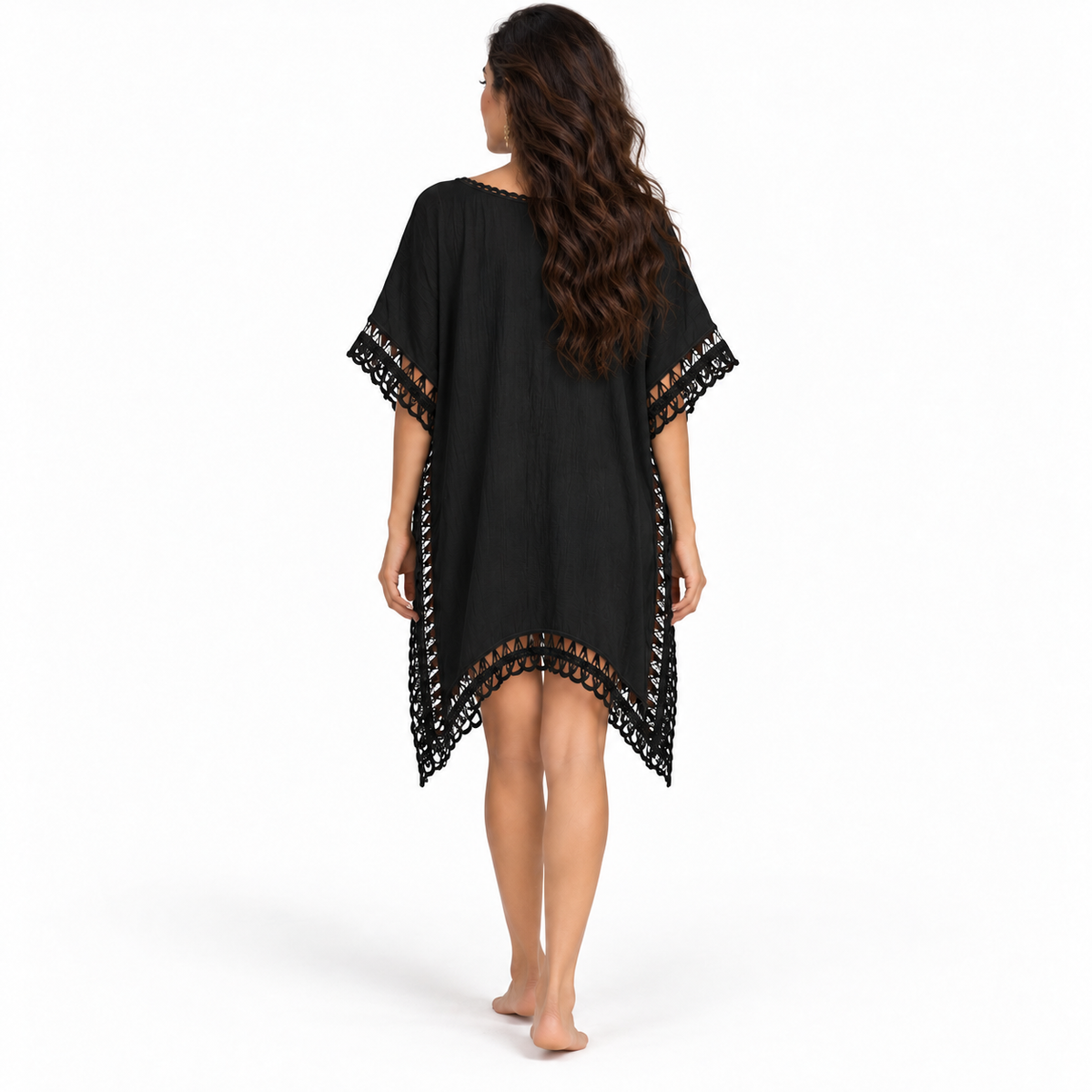 Black Crochet Trim Relaxed Beach Kaftan