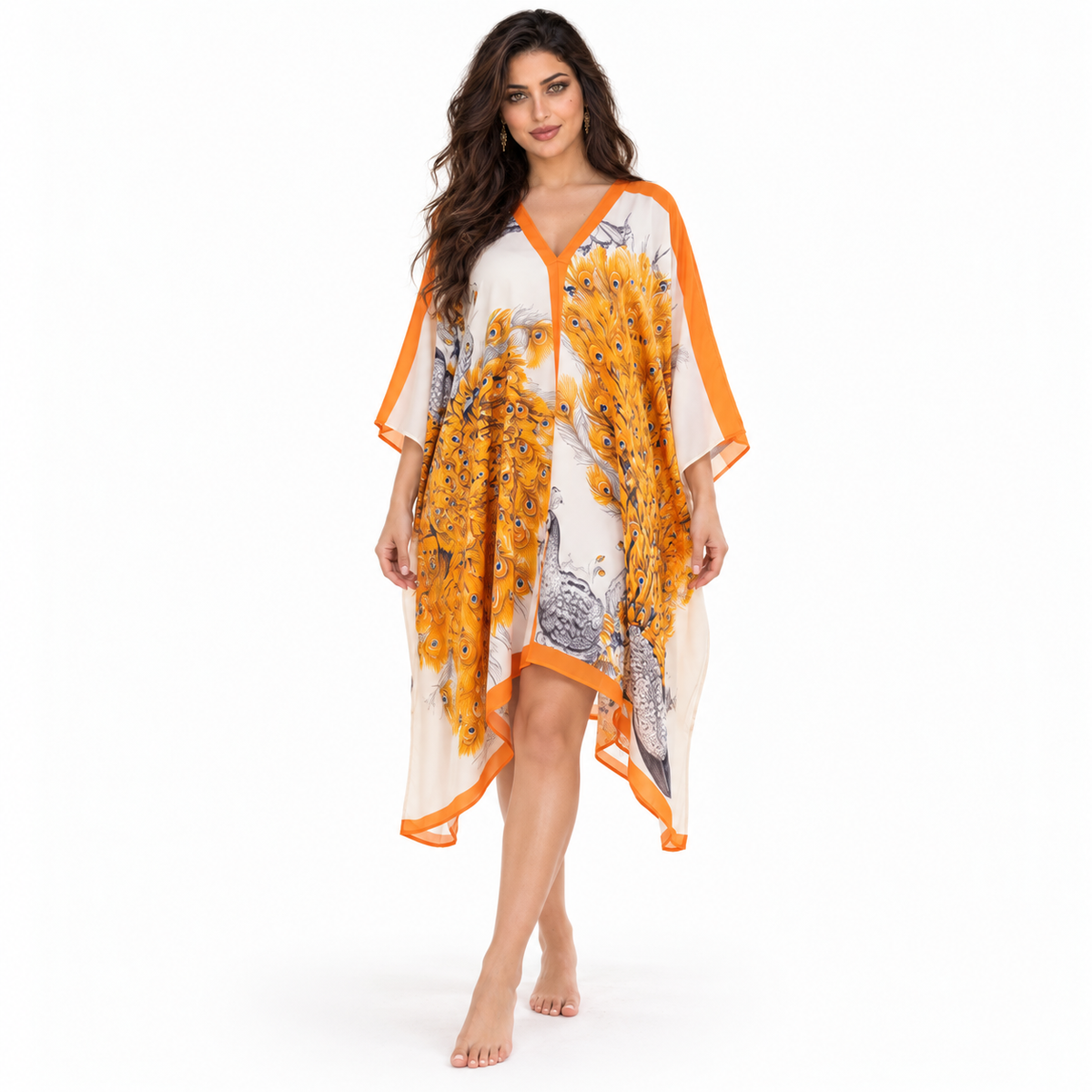 Orange Peacock Print Flowing Beach Kaftan