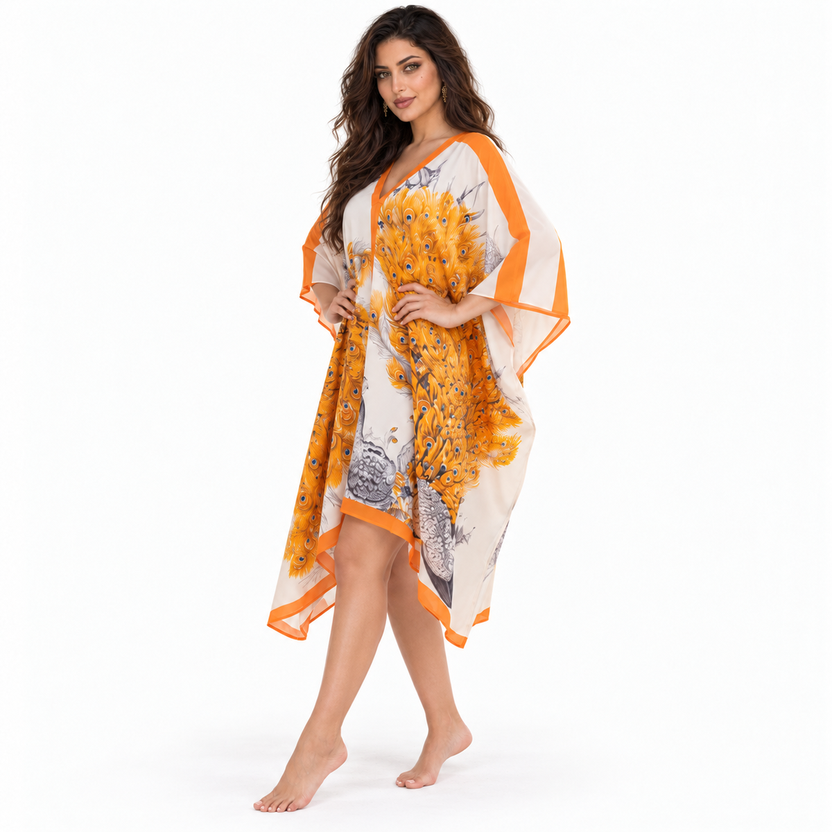 Orange Peacock Print Flowing Beach Kaftan