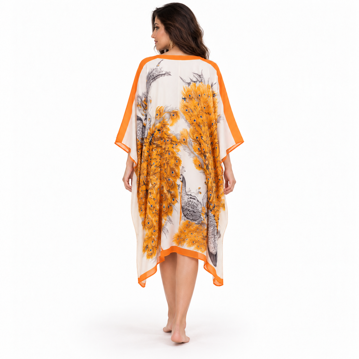 Orange Peacock Print Flowing Beach Kaftan