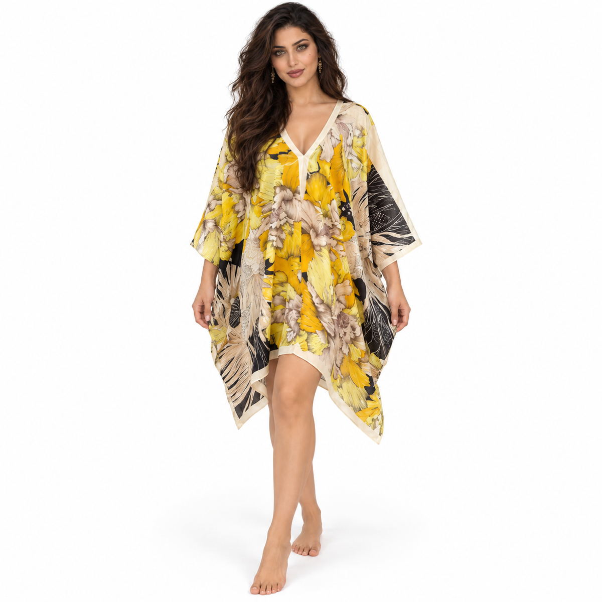Gold Floral Print Relaxed Beach Kaftan