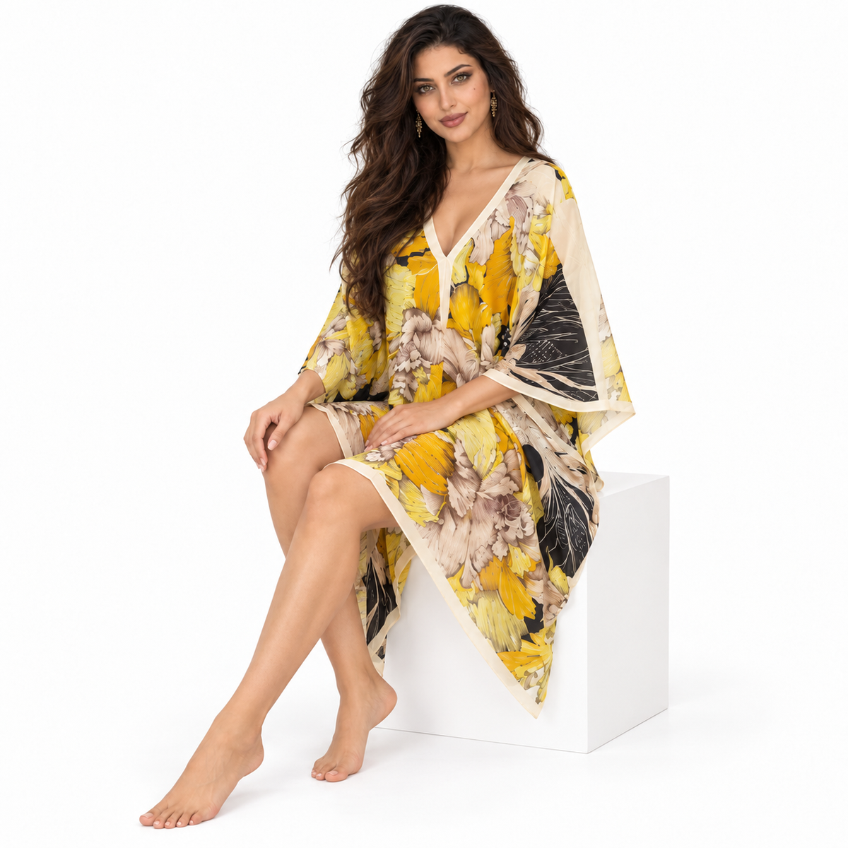 Gold Floral Print Relaxed Beach Kaftan