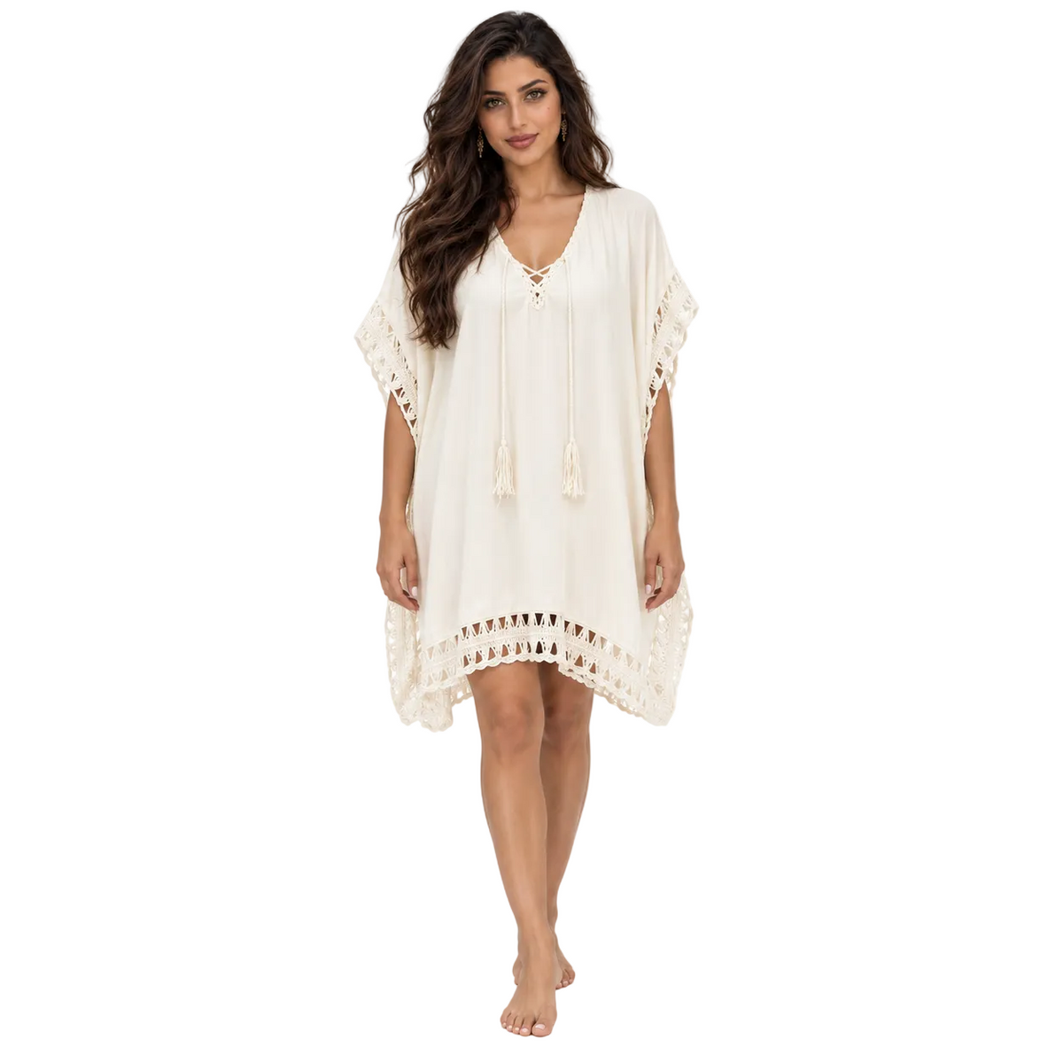 Beige Crochet Trim Relaxed Beach Kaftan