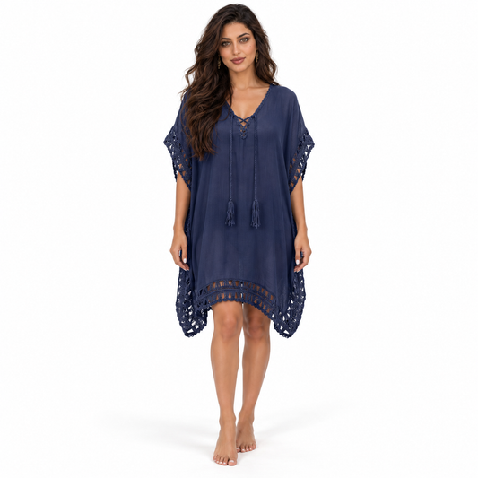 Navy Crochet Trim Relaxed Beach Kaftan
