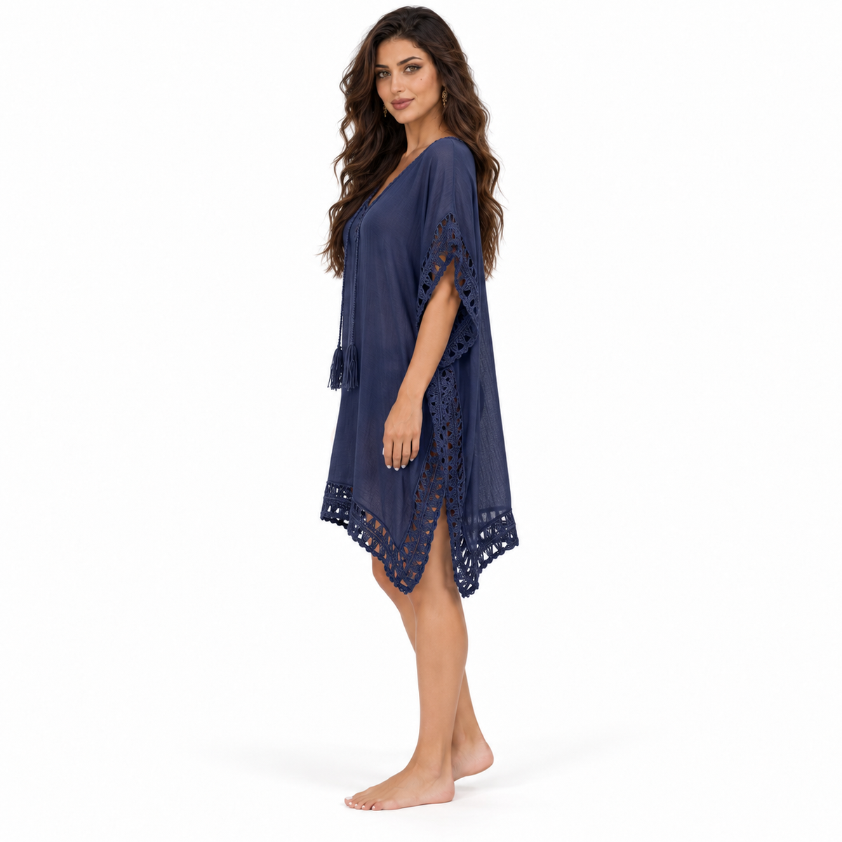 Navy Crochet Trim Relaxed Beach Kaftan