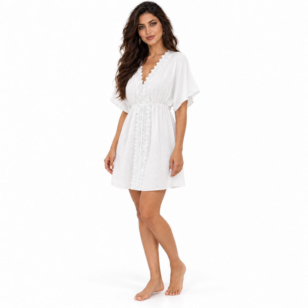 White Lace Trim Gathered Beach Kaftan
