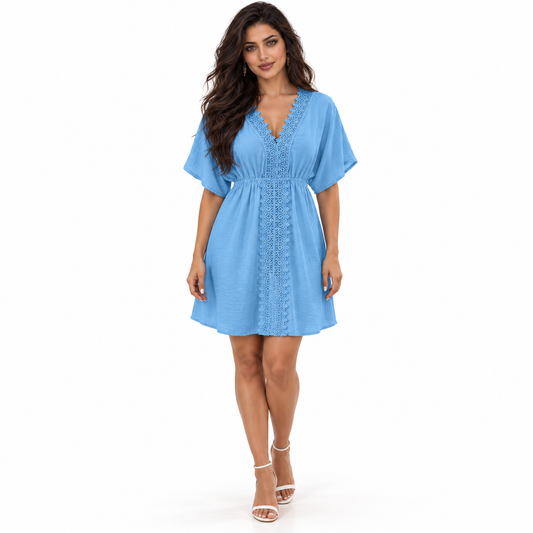 Sky Blue Lace Trim Beach Kaftan
